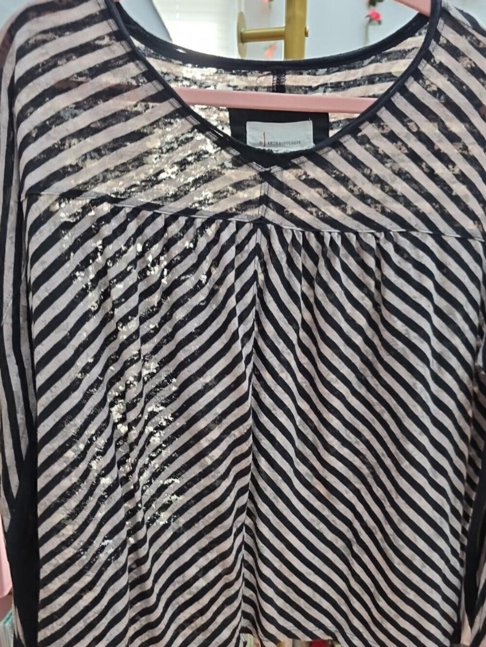 Anthropologie Black and Beige Distressed Sheer V-Neck Top Y2k Small - Picture 2 of 10